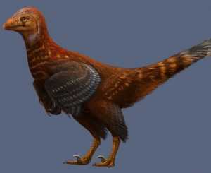 Ilustración de la nueva especie de dinosaurio con plumas.