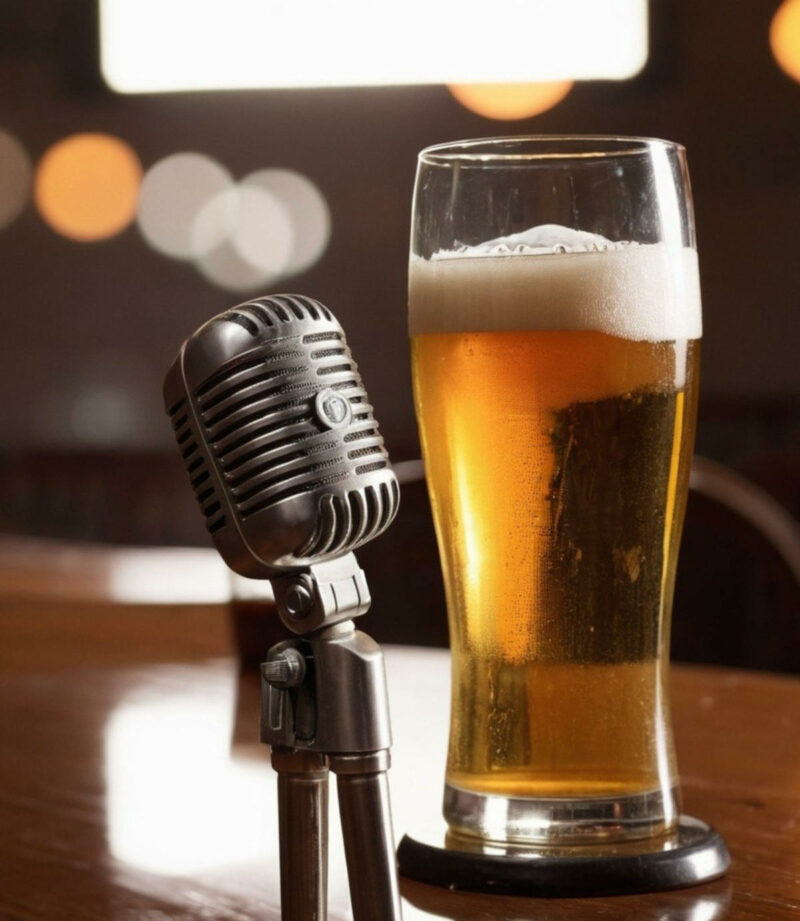 Fotografía de jarra de cerveza junto a un micrófono